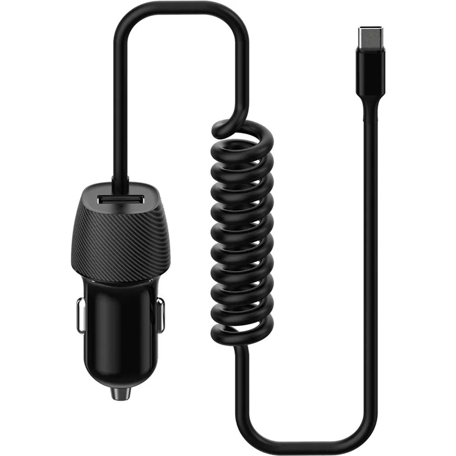 Image of Platinet autós töltő beépített USB Type-c csavart kábellel + USB aljzat, 3,4A, fekete