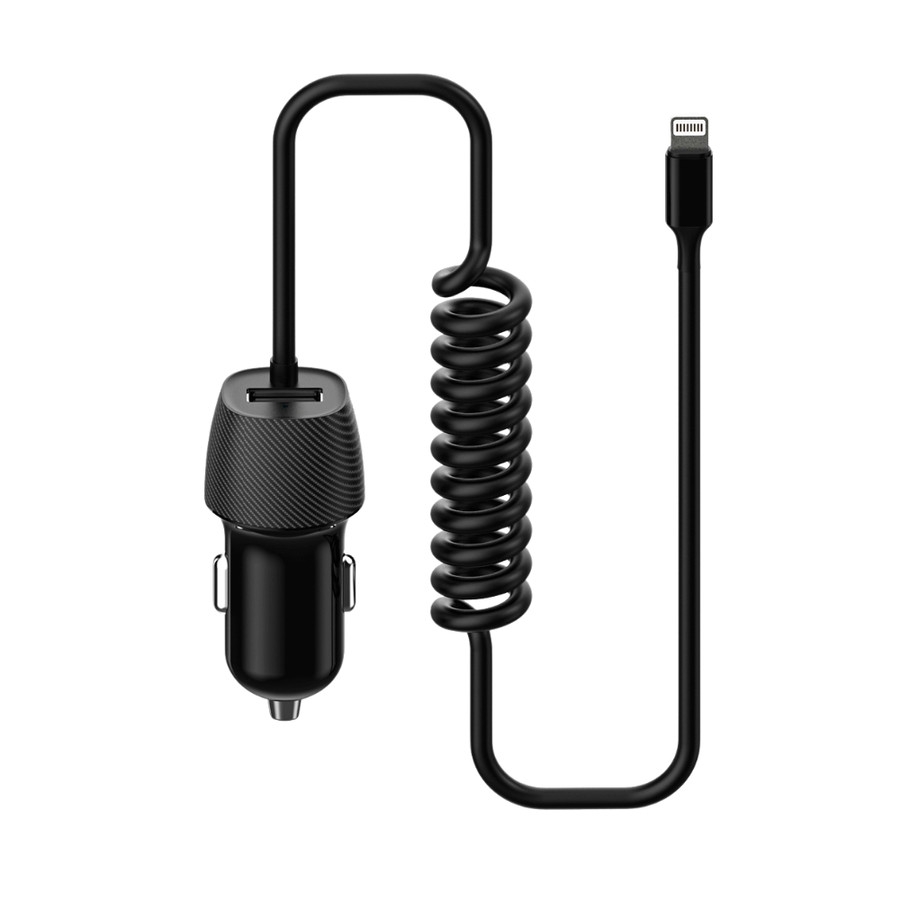 Image of Platinet autós töltő beépített USB Lightning csavart kábellel + USB aljzat, 3,4A, fekete