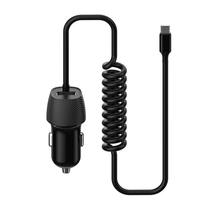 Image of Platinet autós töltő beépített USB Micro csavart kábellel + USB aljzat, 3,4A, fekete